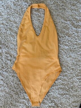 Nasty Gal Ribbed Halter One-Piece Swimsuit in Mustard Yellow